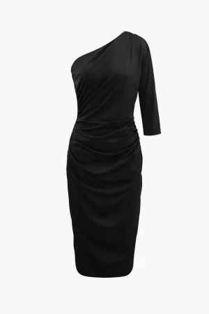 One Shoulder Ruched Midi Dress>MICAS Outlet