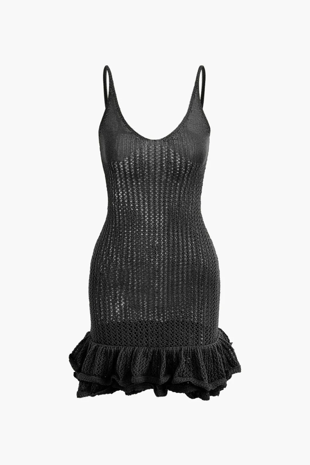 Open Knit Ruffle Hem Cami Mini Dress>MICAS New