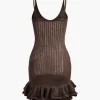 Open Knit Ruffle Hem Cami Mini Dress>MICAS New