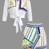 Paris Print Tie Front Crop Top And Geometric Skirt Set>MICAS Fashion