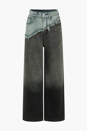 Patchwork Color Block Wide Leg Jeans>MICAS Hot