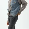 Patchwork Denim Knit Color Block Button Asymmetrical Pocket Cardigan>MICAS Fashion