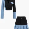 Patchwork Denim Notched Lapel Blazer And Skirt Set>MICAS New