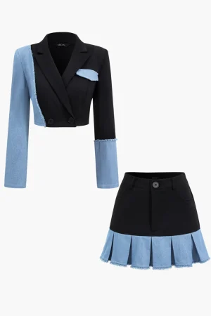 Patchwork Denim Notched Lapel Blazer And Skirt Set>MICAS New