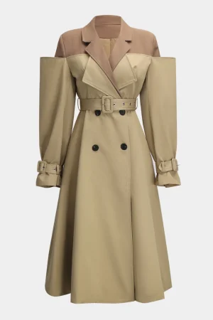 Patchwork Long Sleeve Belted Coat>MICAS Online