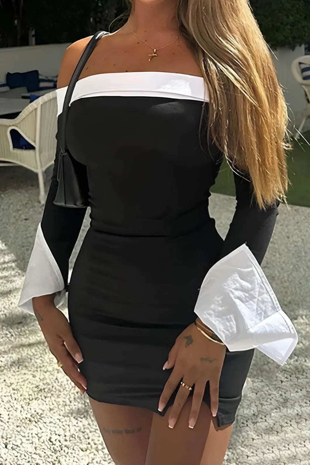 Patchwork Long Sleeve Off Shoulder Mini Dress>MICAS Discount