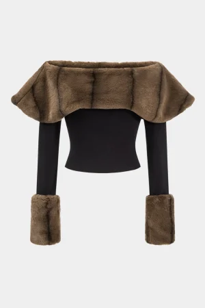 Patchwork Off Shoulder Long-Sleeve Top>MICAS New