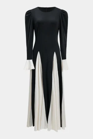 Patchwork Pleated Long Sleeve Maxi Dress>MICAS Fashion