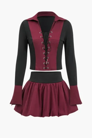 Patchwork Tie Up Top And Puff Skirt Set>MICAS Discount