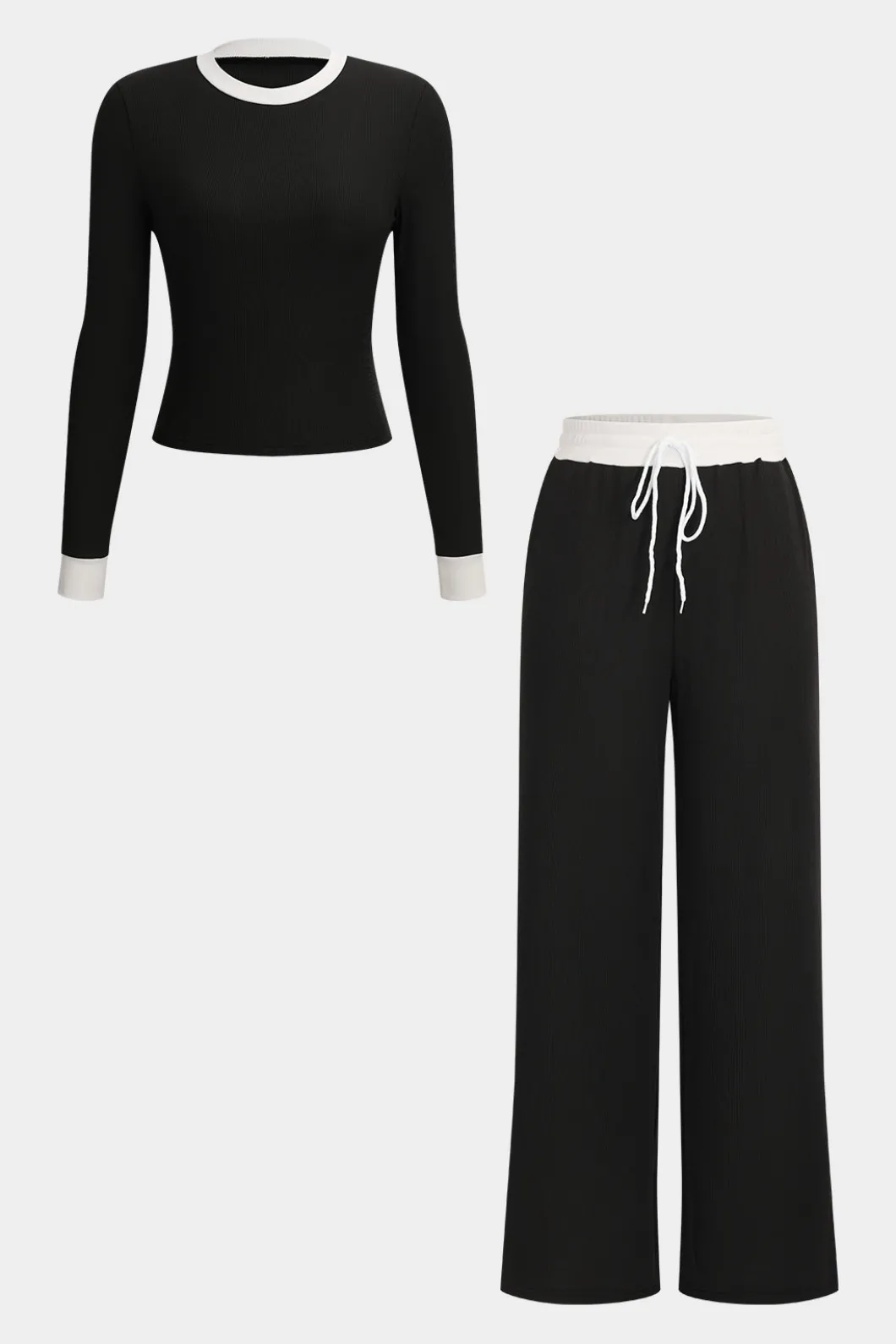 Patchwork Top And Drawstring Straight Trousers Set>MICAS Fashion