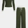 Patchwork Top And Drawstring Straight Trousers Set>MICAS Fashion