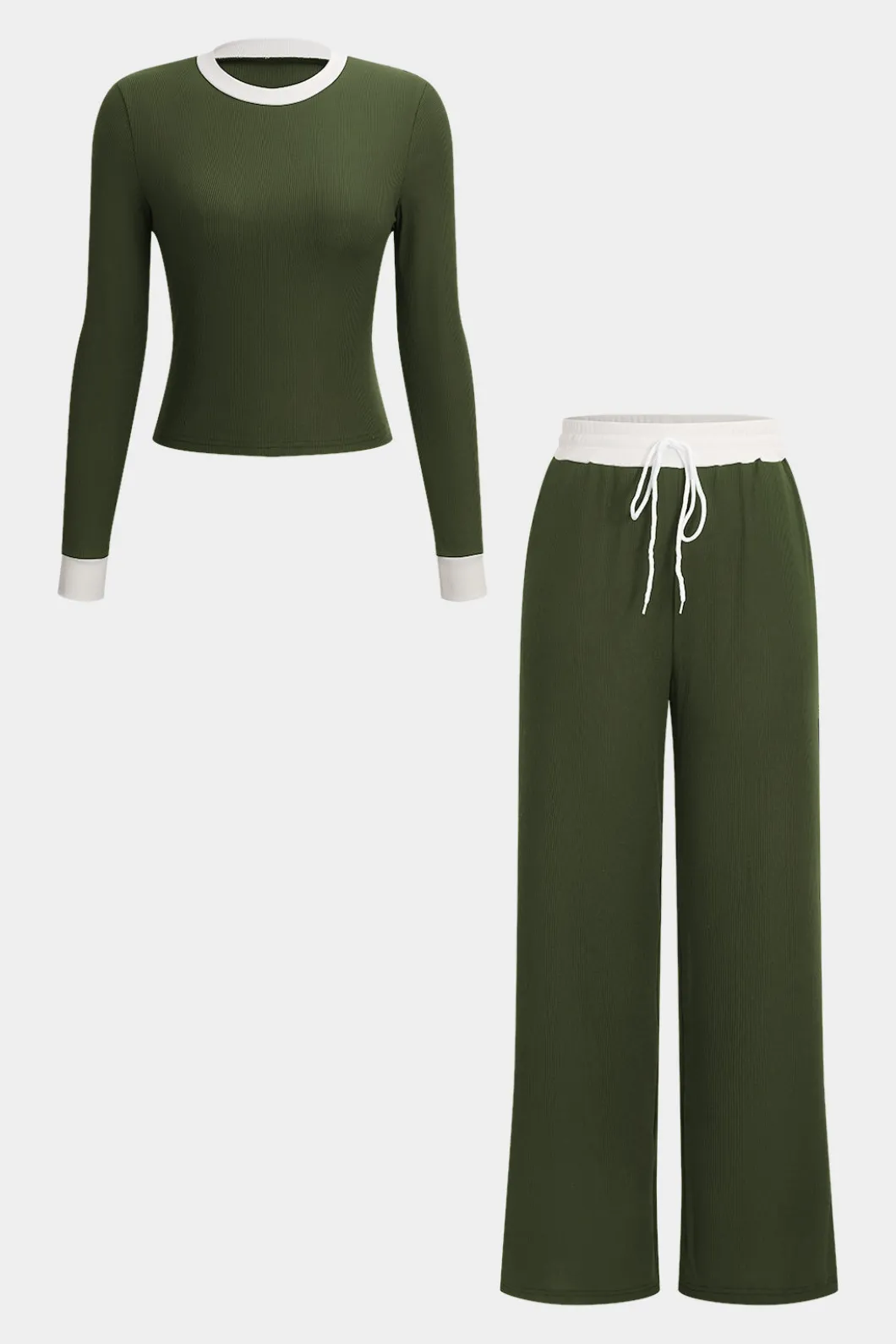 Patchwork Top And Drawstring Straight Trousers Set>MICAS Fashion