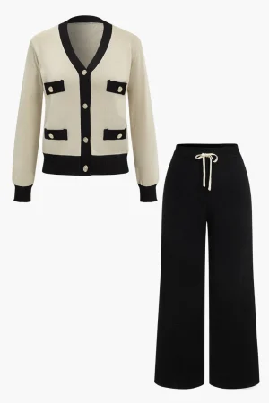 Patchwork V-Neck Sweater Cardigan And Pants Set>MICAS Clearance