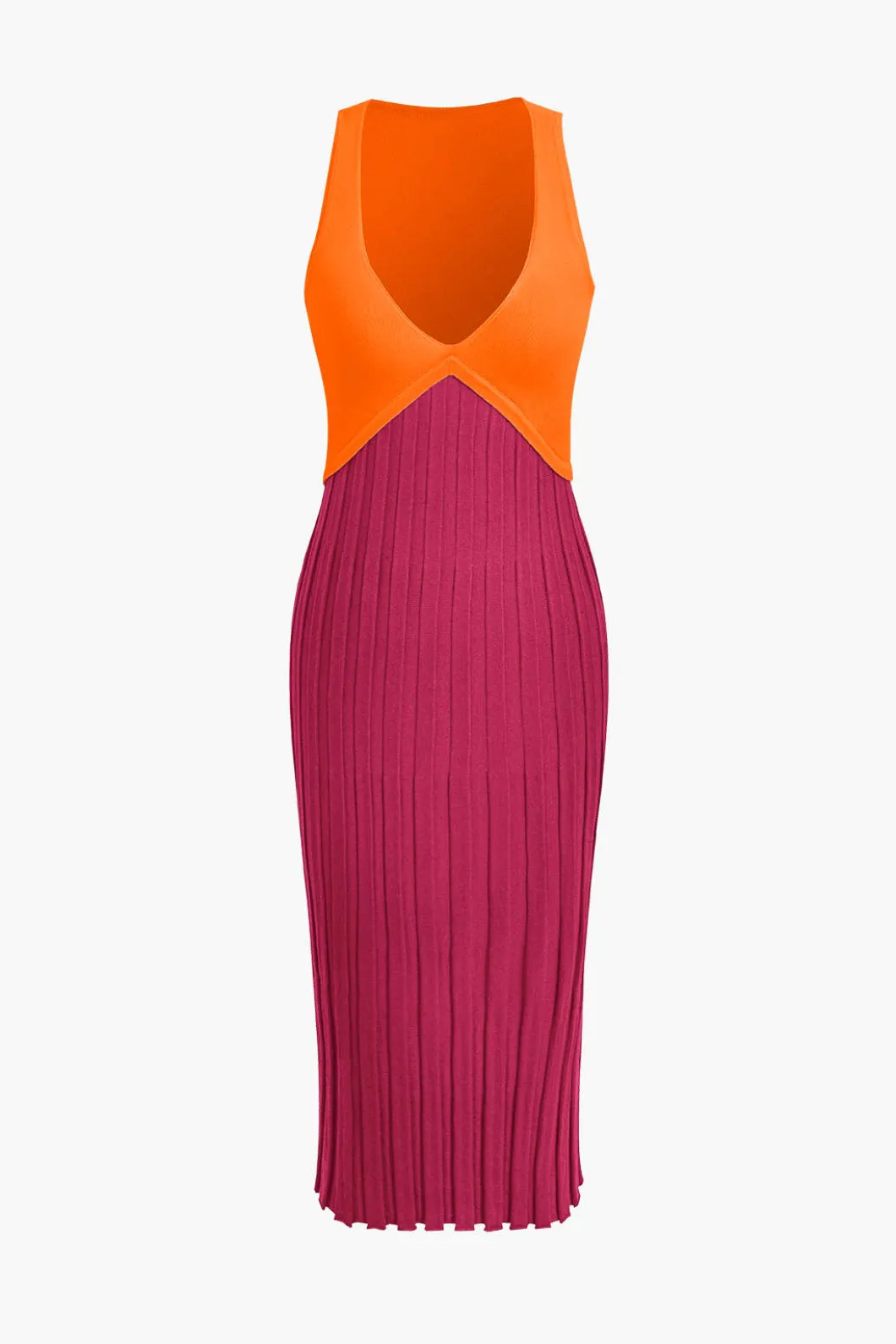 Patchwork V-Neck Tank Knit Midi Dress>MICAS Fashion