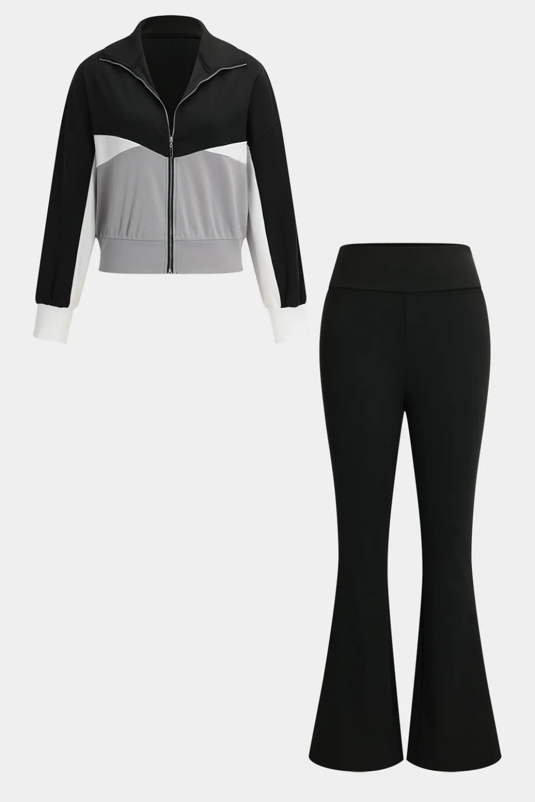 Patchwork Zipper Jacket And Flared Leg Trousers Set>MICAS Best