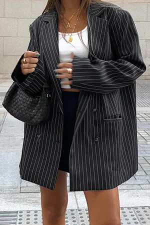 Pinstripe Print Notched Lapel Blazer>MICAS Fashion