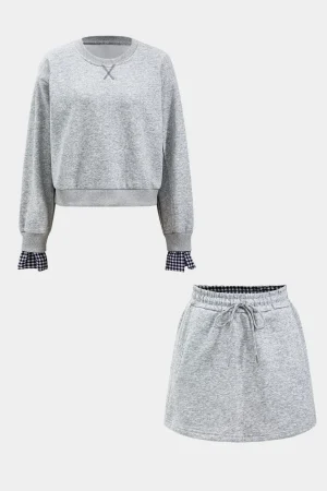 Plaid Print Patchwork Top And Drawstring Skirt Set>MICAS Outlet