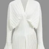 Pleated Bell Sleeve V-Neck Mini Dress>MICAS New