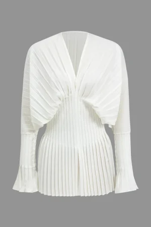 Pleated Bell Sleeve V-Neck Mini Dress>MICAS New