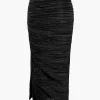 Pleated Halter Backless Top And Split Midi Skirt Set>MICAS Fashion