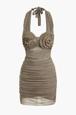 Pleated Mesh Halter Mini Dress>MICAS Fashion