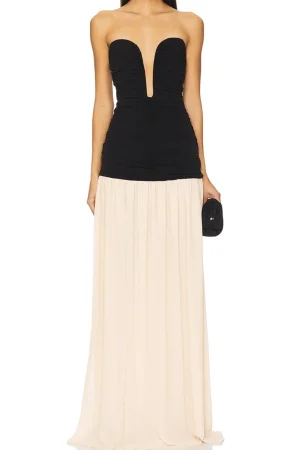 Pleated Patchwork Slit Ruched Strapless Maxi Dress>MICAS Sale