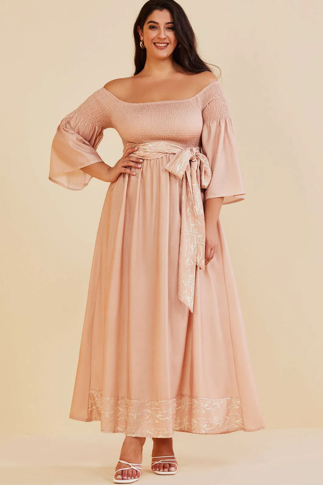 Plus Size Off Shoulder Smocked Maxi Dress With Belt>MICAS Best
