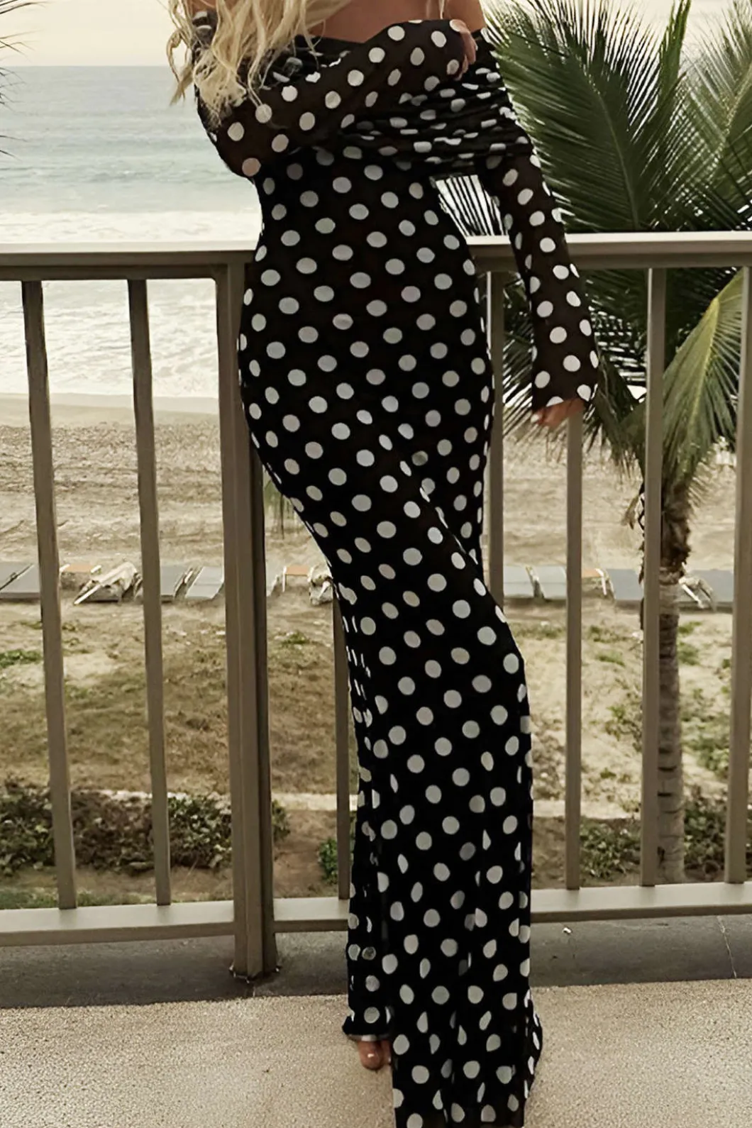 Polka Dot Print Off Shoulder Maxi Dress>MICAS Online