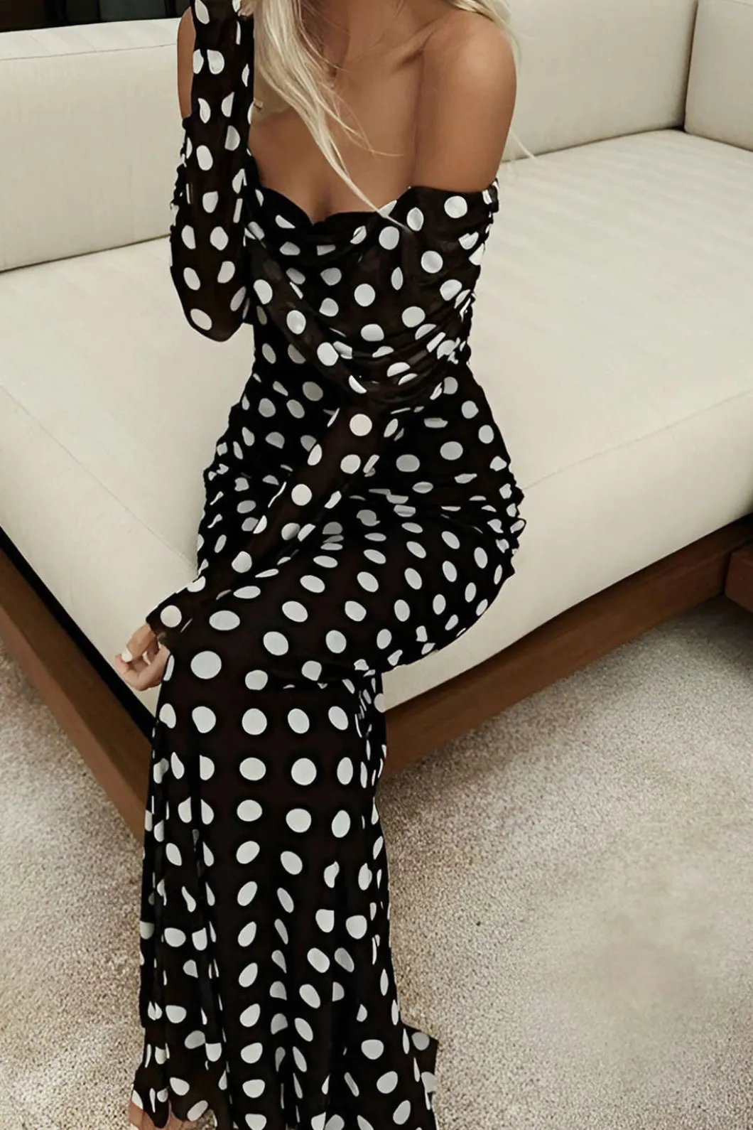 Polka Dot Print Off Shoulder Maxi Dress>MICAS Online