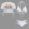 Print T-shirt And Tie Halter Bikini Set>MICAS Online