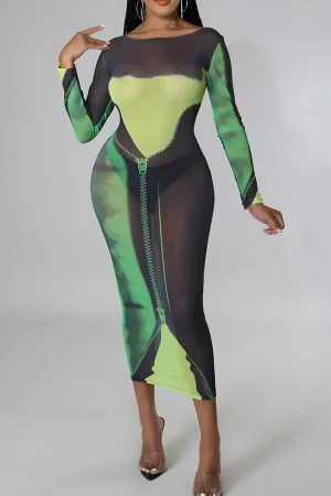 Printed Round Neck Mesh Maxi Dress>MICAS Best