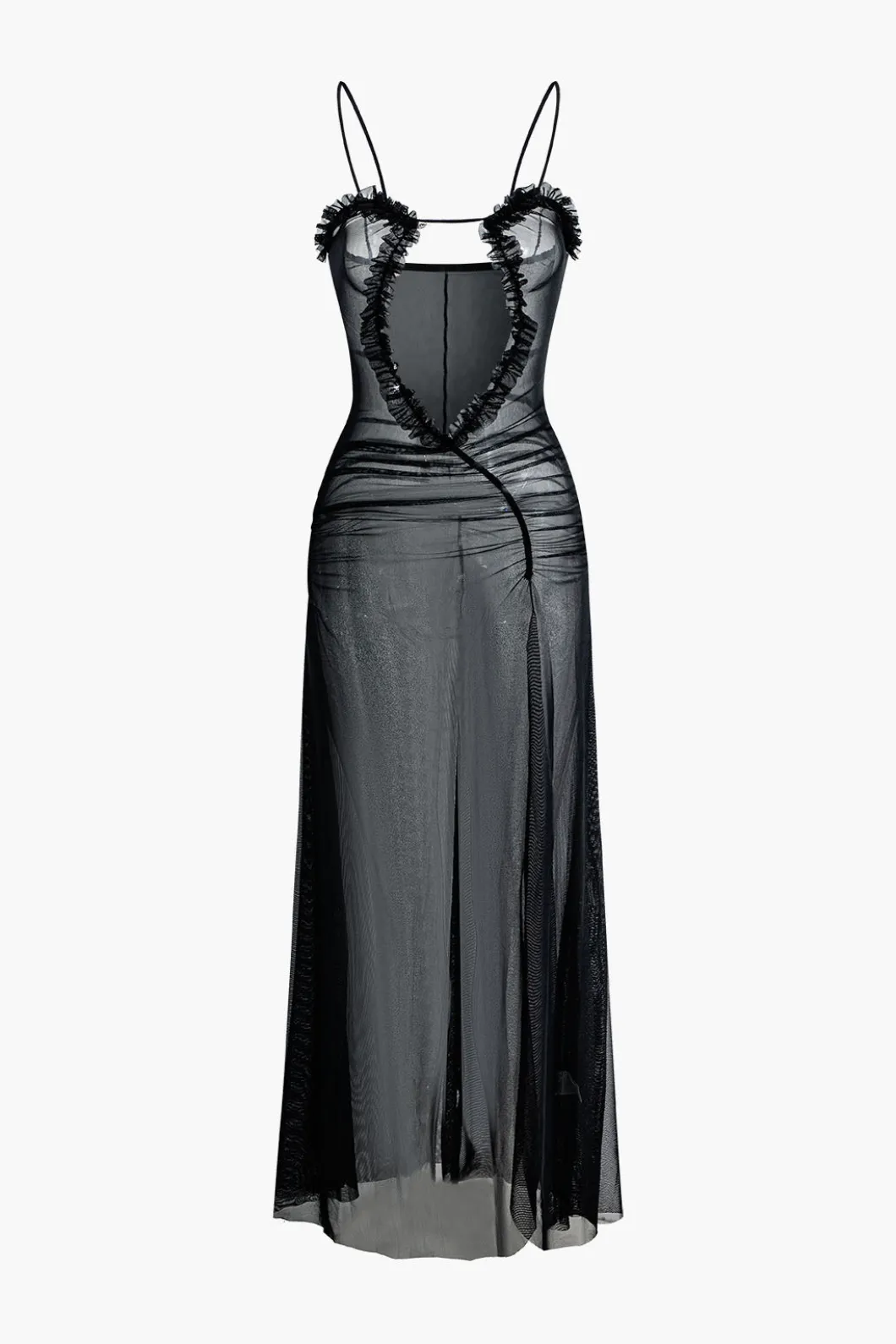 Printed Ruffle Cut Out Mesh Slit Slip Maxi Dress>MICAS Best