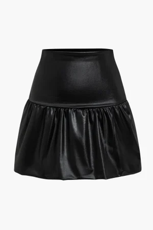 Pu Leather Ruched A-Line Skirt>MICAS Fashion