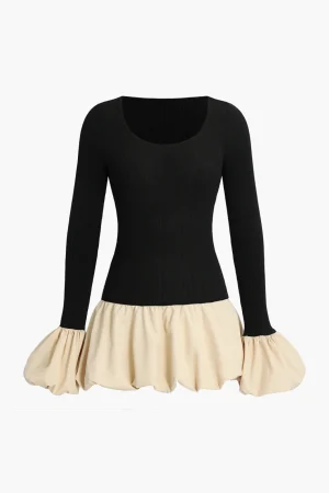 Puff Sleeve Patchwork Long Sleeve Mini Dress>MICAS Outlet