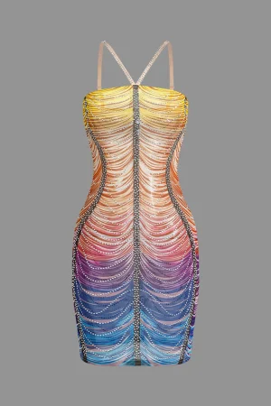 Rainbow Striped Rhinestone Bodycon Mini Dress>MICAS Best
