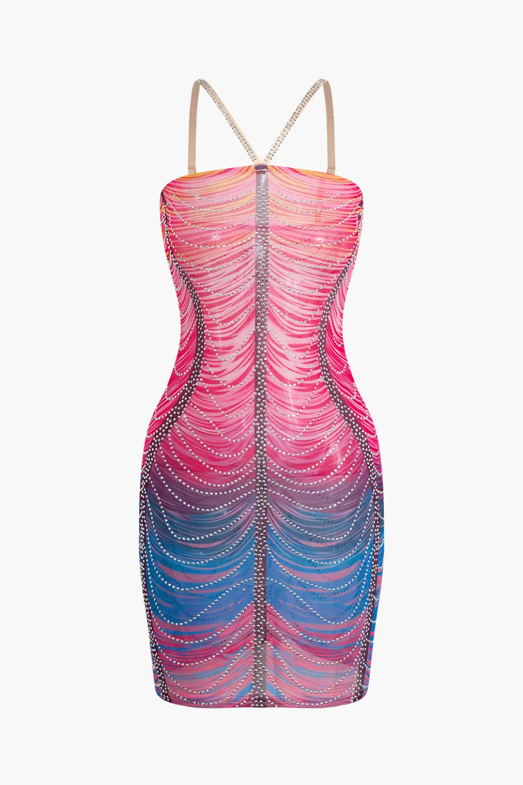 Rainbow Striped Rhinestone Bodycon Mini Dress>MICAS Best