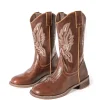 Retro Embroidered Faux Leather Chunky Heel Mid Calf Boots>MICAS Outlet