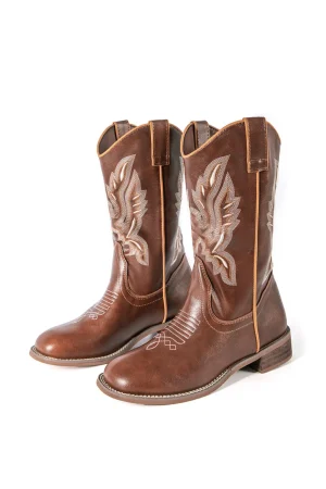 Retro Embroidered Faux Leather Chunky Heel Mid Calf Boots>MICAS Outlet