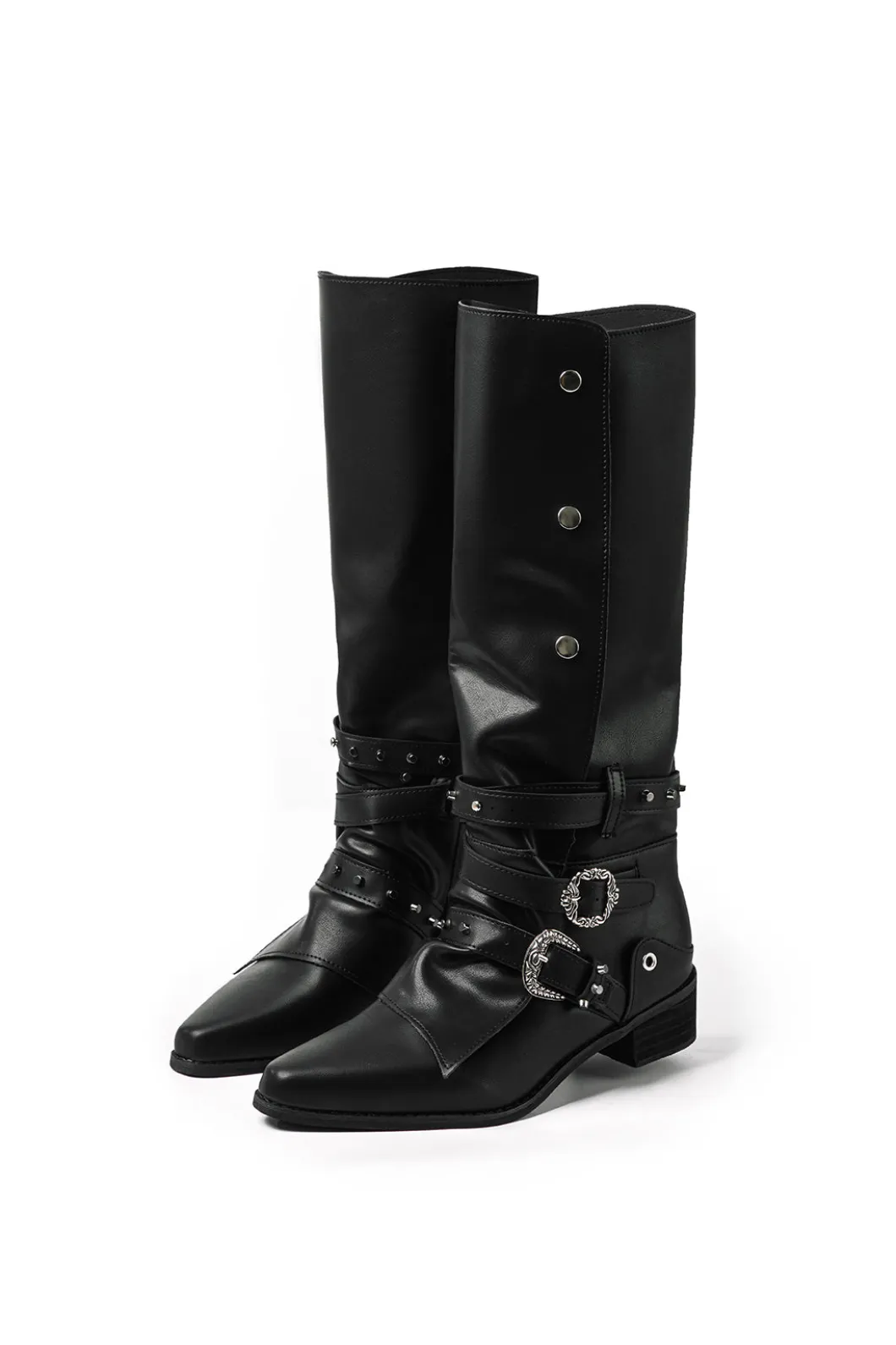 Retro Faux Leather Studded Pointed Toe Knee High Boots>MICAS Clearance