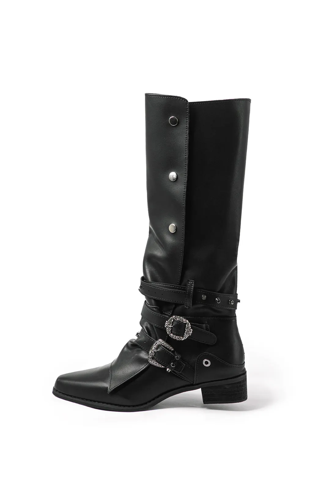 Retro Faux Leather Studded Pointed Toe Knee High Boots>MICAS Clearance