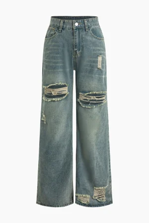 Retro Print Washed Ripped Asymmetrical Jeans>MICAS Fashion