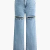 Rhinestone Embellished Cut Out Straight Leg Jeans>MICAS Outlet