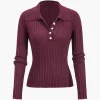 Ribbed Button Long-Sleeve Top>MICAS Fashion