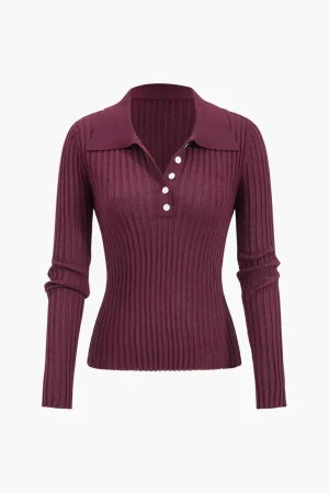 Ribbed Button Long-Sleeve Top>MICAS Fashion