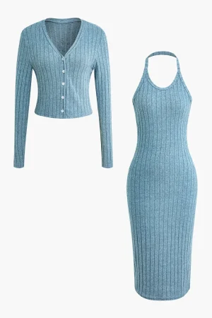 Ribbed Cardigan And Halter Dress Set>MICAS Fashion