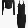 Ribbed Cardigan And Halter Dress Set>MICAS Fashion