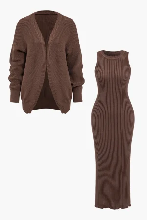 Ribbed Knit Dress And Cardigan Set>MICAS Online