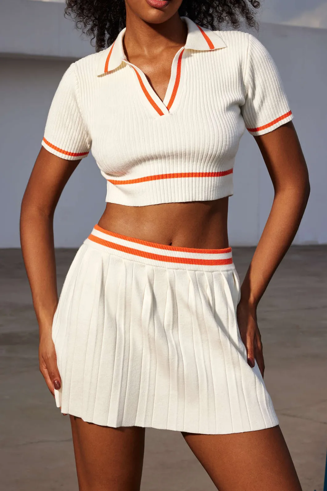 Ribbed Knit Polo Top And Pleated Skirt Set>MICAS New