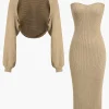 Ribbed Knit Strapless Midi Dress And Bolero Set>MICAS Best