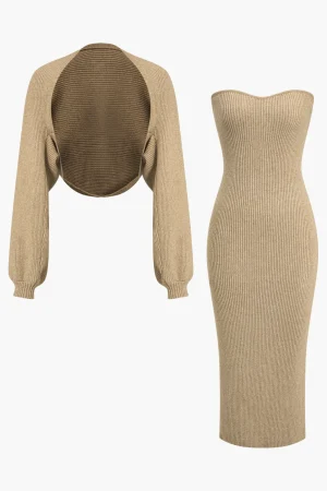Ribbed Knit Strapless Midi Dress And Bolero Set>MICAS Best